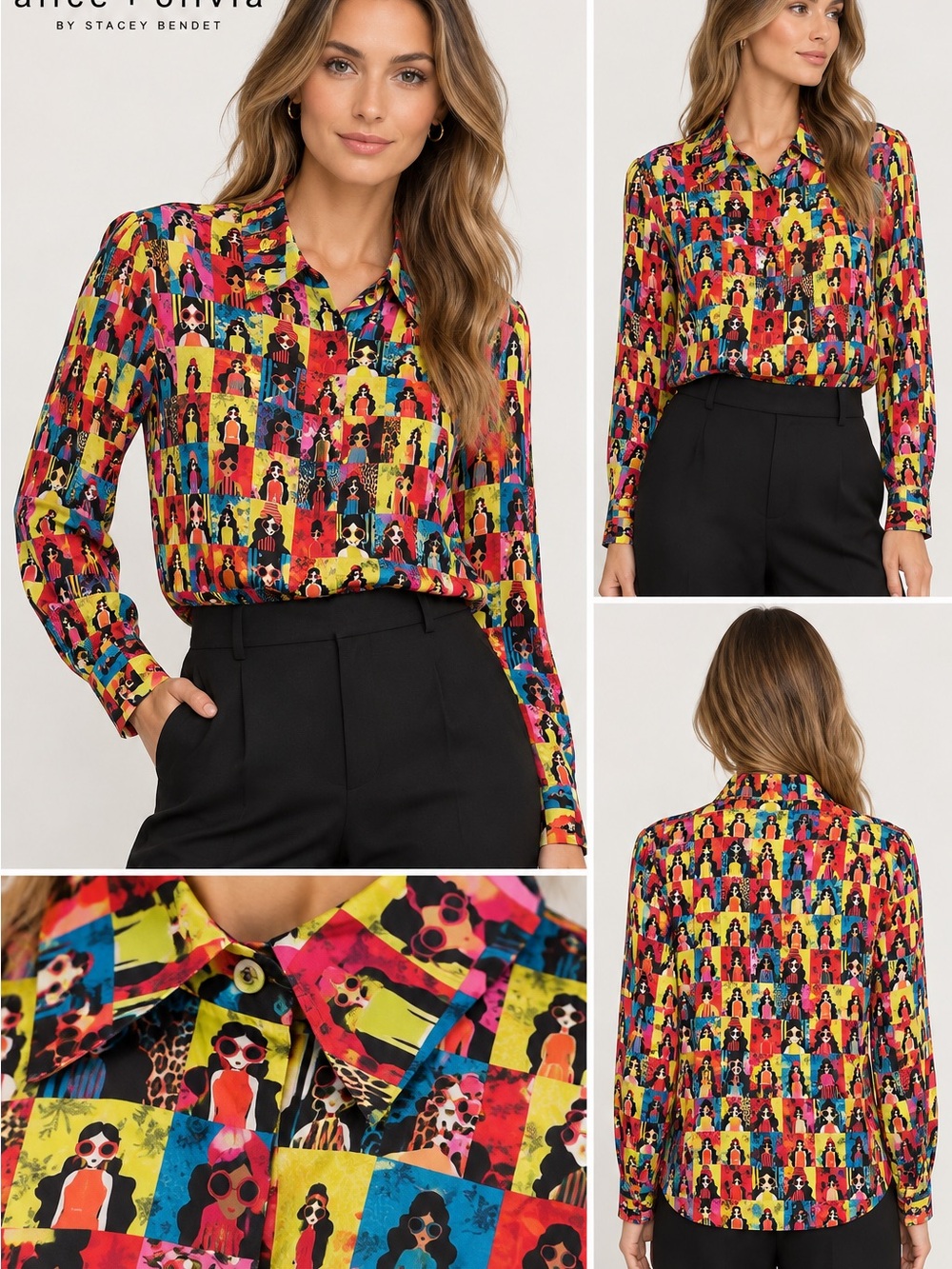 Alice + Olivia Stace Face multicolor blouse 100% silk L